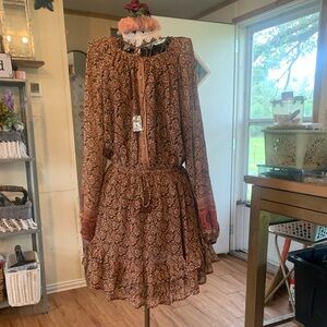 Olivaceous Vintage Pattern Brown/Pink Ruffled Dress Sz Small Nwt